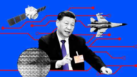 Montage image showing Xi Jinping, an aircraft, a satellite and