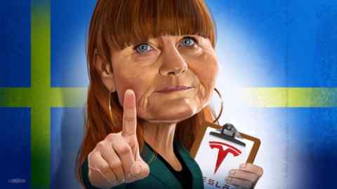 Joe Cummings illustration of a woman holding a Tesla document and holding her other hand up with the index finger pointing. The Swedish flag forms the background